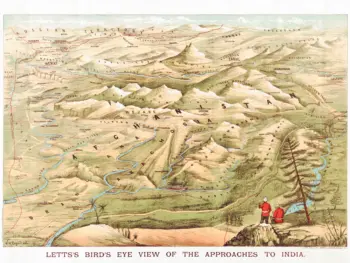 Panoramic bird’s eye view map of Afghanistan by W. H. Payne for Letts, showing illustrated mountains, blue rivers, and two British soldiers in the foreground.