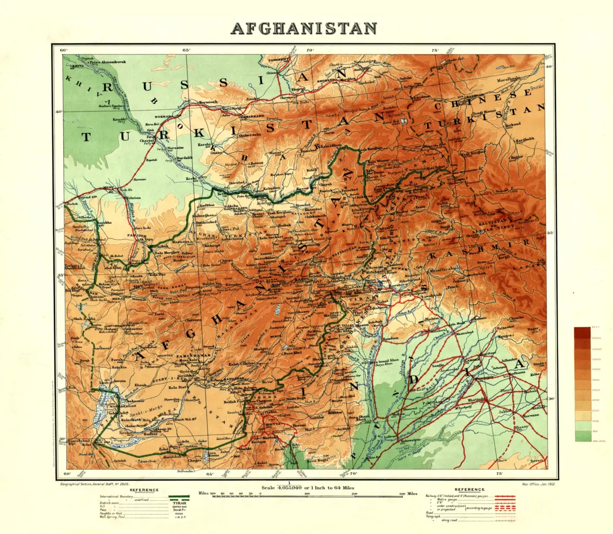 Afghanistan and Pakistan Railroad and Elevation Map, 1912 1912 British War Office map of Afghanistan and present-day Pakistan, showing red railway routes and color-coded mountain elevations.