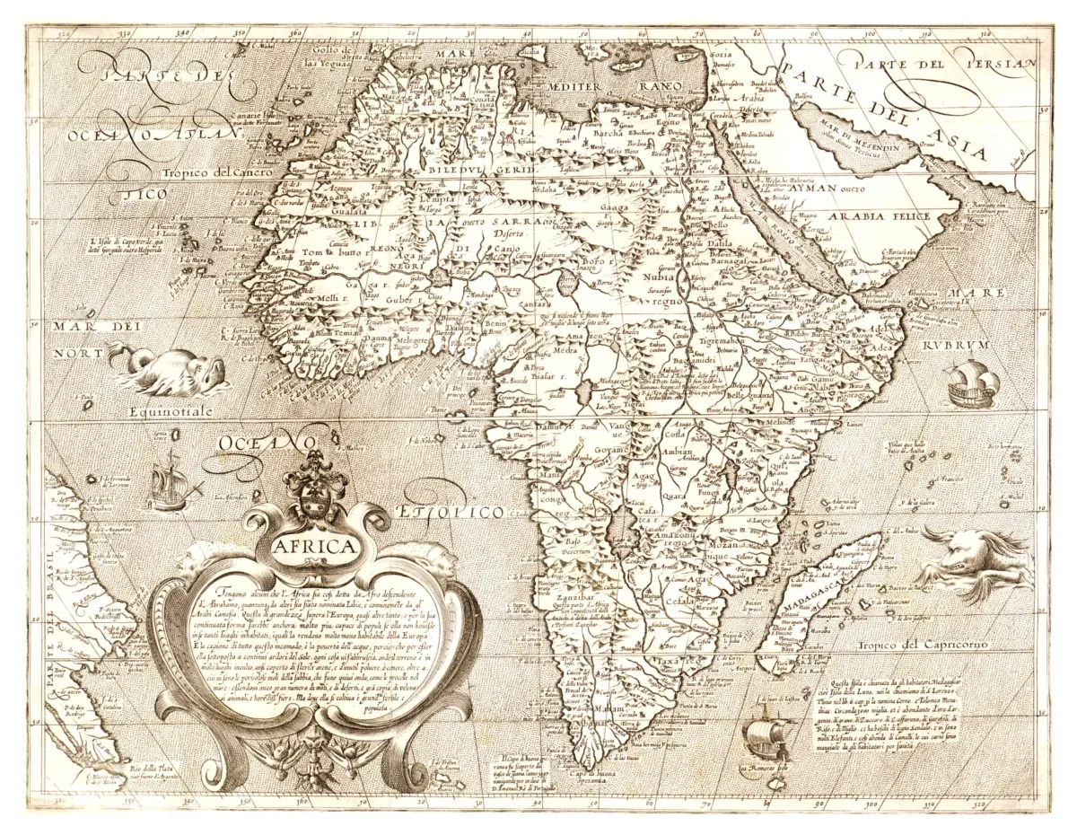 Italian map of Africa circa 1600 by Arnoldo di Arnoldi and Matteo Florimi, with sailing ships, sea monsters, and an ornate cartouche.