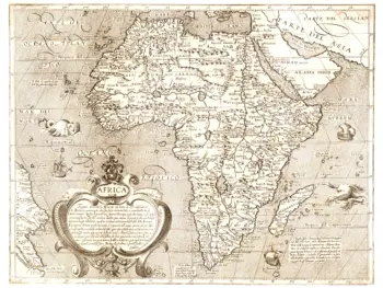 Italian map of Africa circa 1600 by Arnoldo di Arnoldi and Matteo Florimi, with sailing ships, sea monsters, and an ornate cartouche.