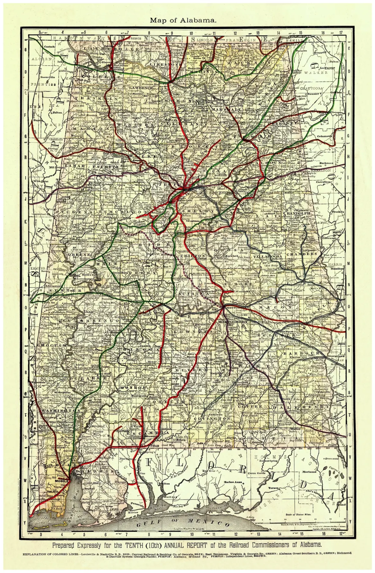 Alabama Map, 1888 — historical map reproduction