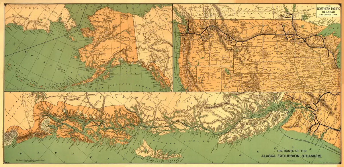 Alaska Excursion Steamers Map, 1891 Alaska Map, 1891 - Alaska Excursion Steamers — historical map reproduction