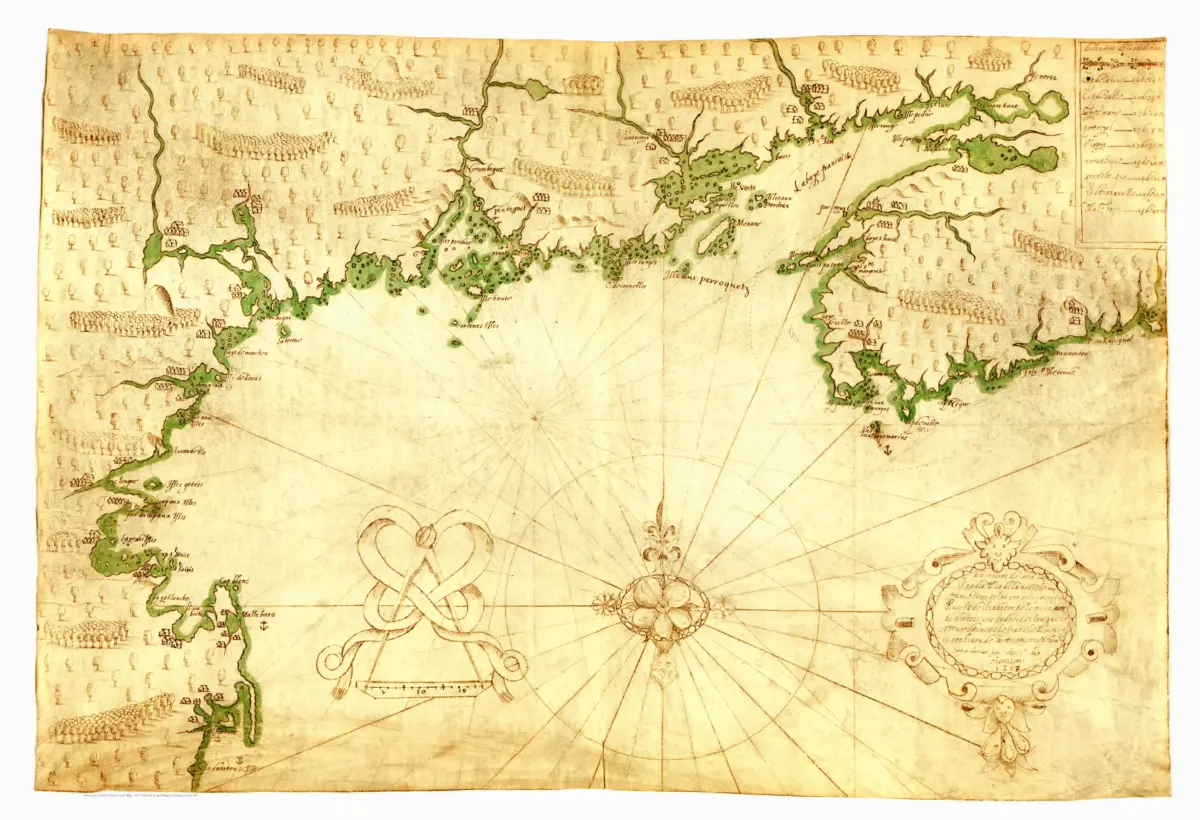 American Coast Northeast Coast Map, 1607 Samuel de Champlain’s 1607 coastal chart depicts the northeast American shoreline with soundings, forests, settlements, and a compass rose.