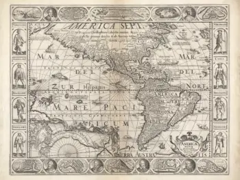 Visscher’s 1652 map of the Americas surrounds geographic detail with explorer portraits, city views, and decorative figures.