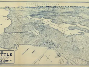 Bird’s-eye map of Seattle, Washington, drawn by Edwin C. Poland for Kroll Map Company in 1925