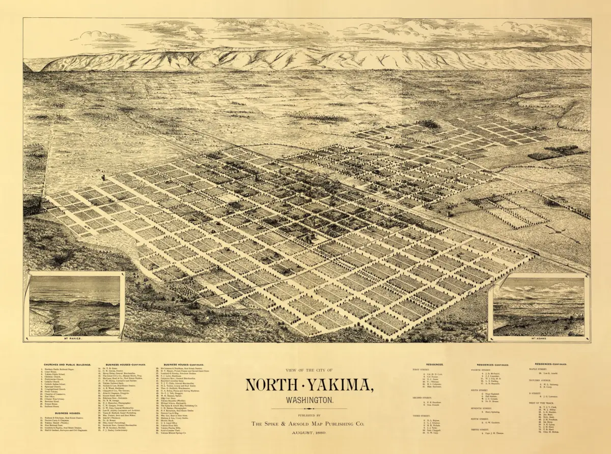 Yakima Washington Map, 1889 An 1889 bird’s-eye view of North Yakima with railway lines, individual buildings, mountain illustrations, and a landmark key.